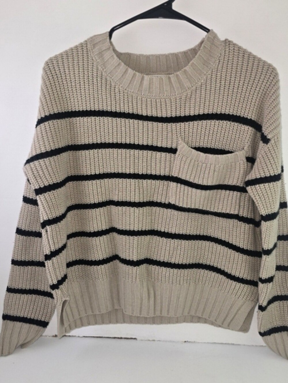 Pink Rose Beige and Black Striped Crewneck Sweater